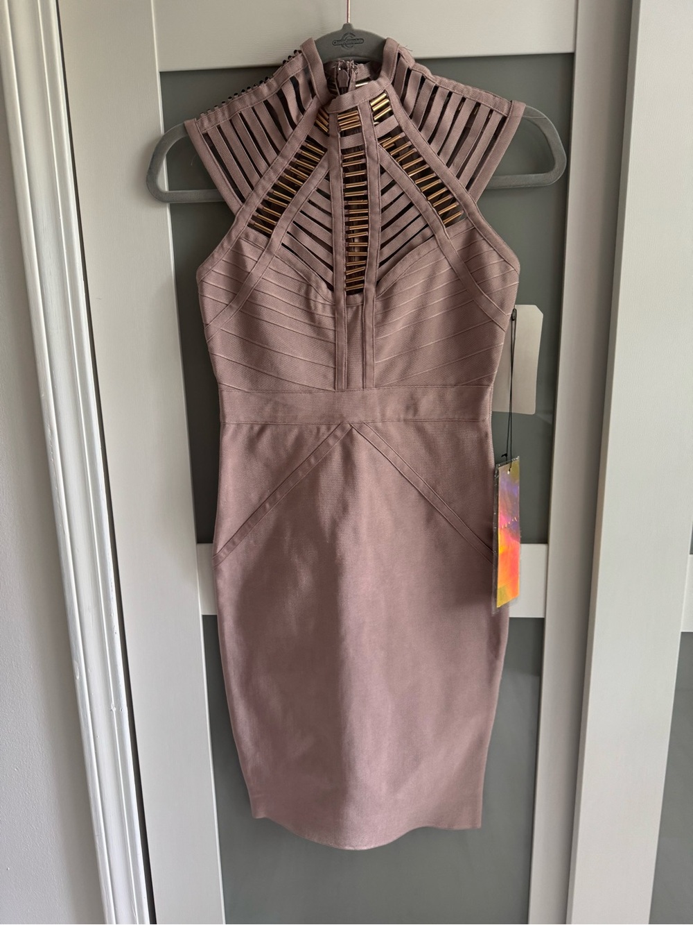 High-Neck Mauve Bodycon Dress with Ladder Cutouts